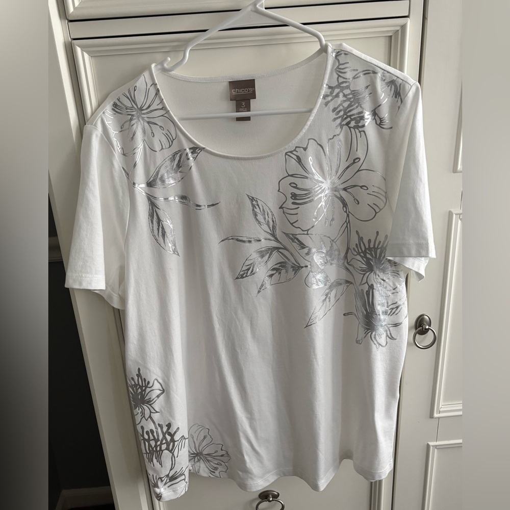 Chico's White Tee with silver voile or metallic flowers